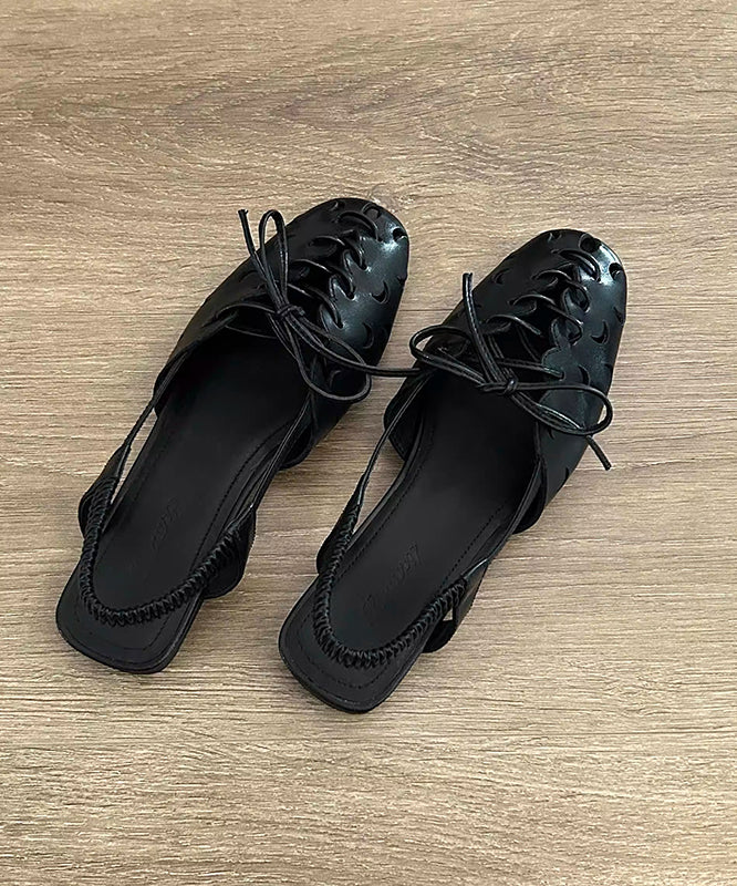Handmade Beige Lace Up Splicing Hollow Out Sandals