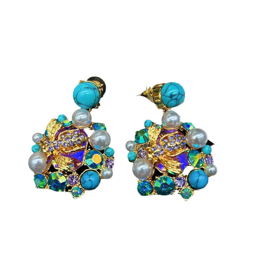 Vintage Ornament Colorful Glass Bee Flower Earrings