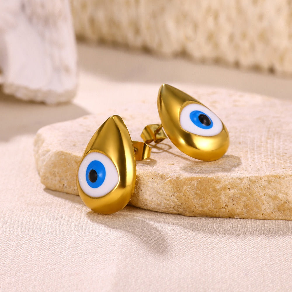 Titanium Steel Blue Eye Water Drop Pendant Earrings