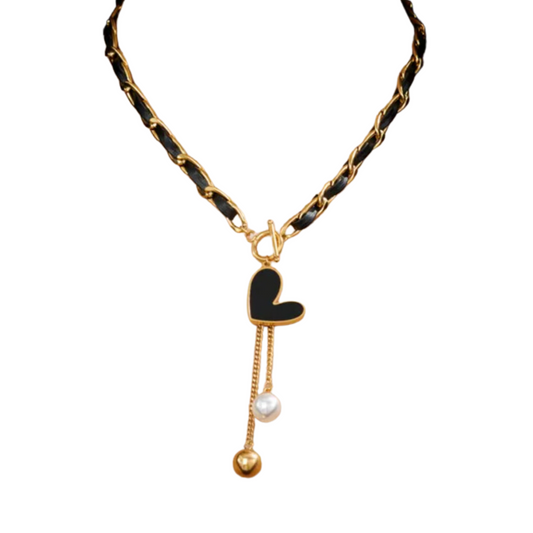 Heart Faux Pearls Ribbon Necklace