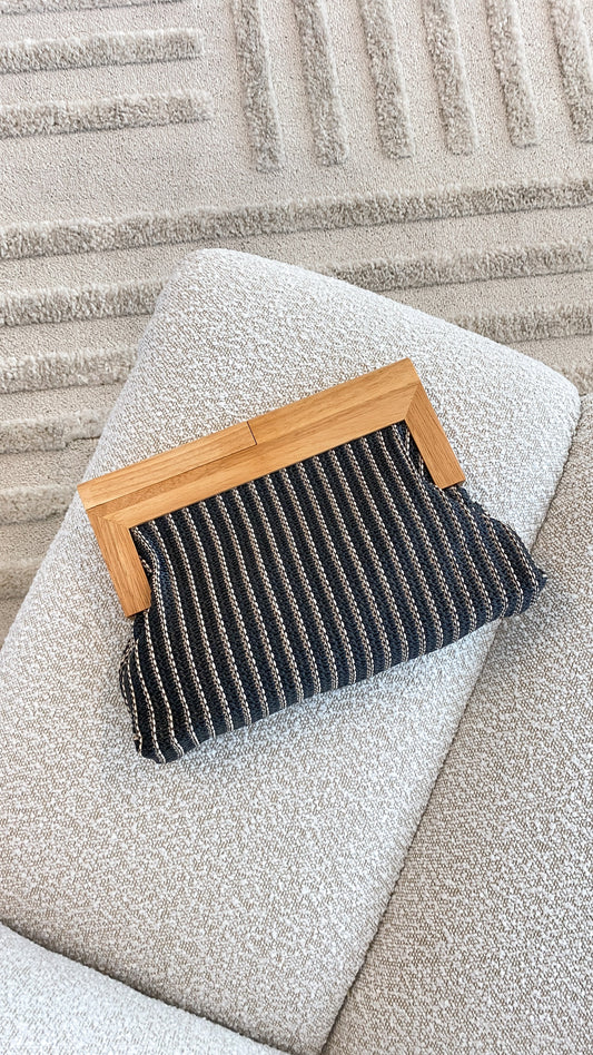 Zoey Thin Stripe Timber Frame Clutch - Black
