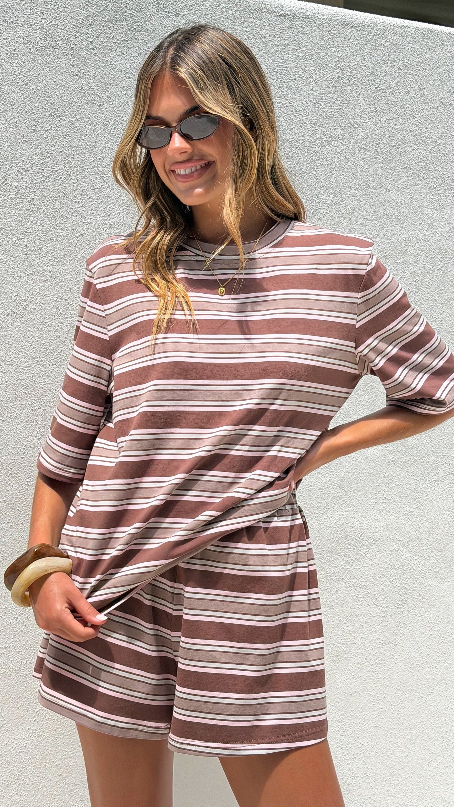 Stevie Crew Neck Tee - Chocolate / Beige Stripe