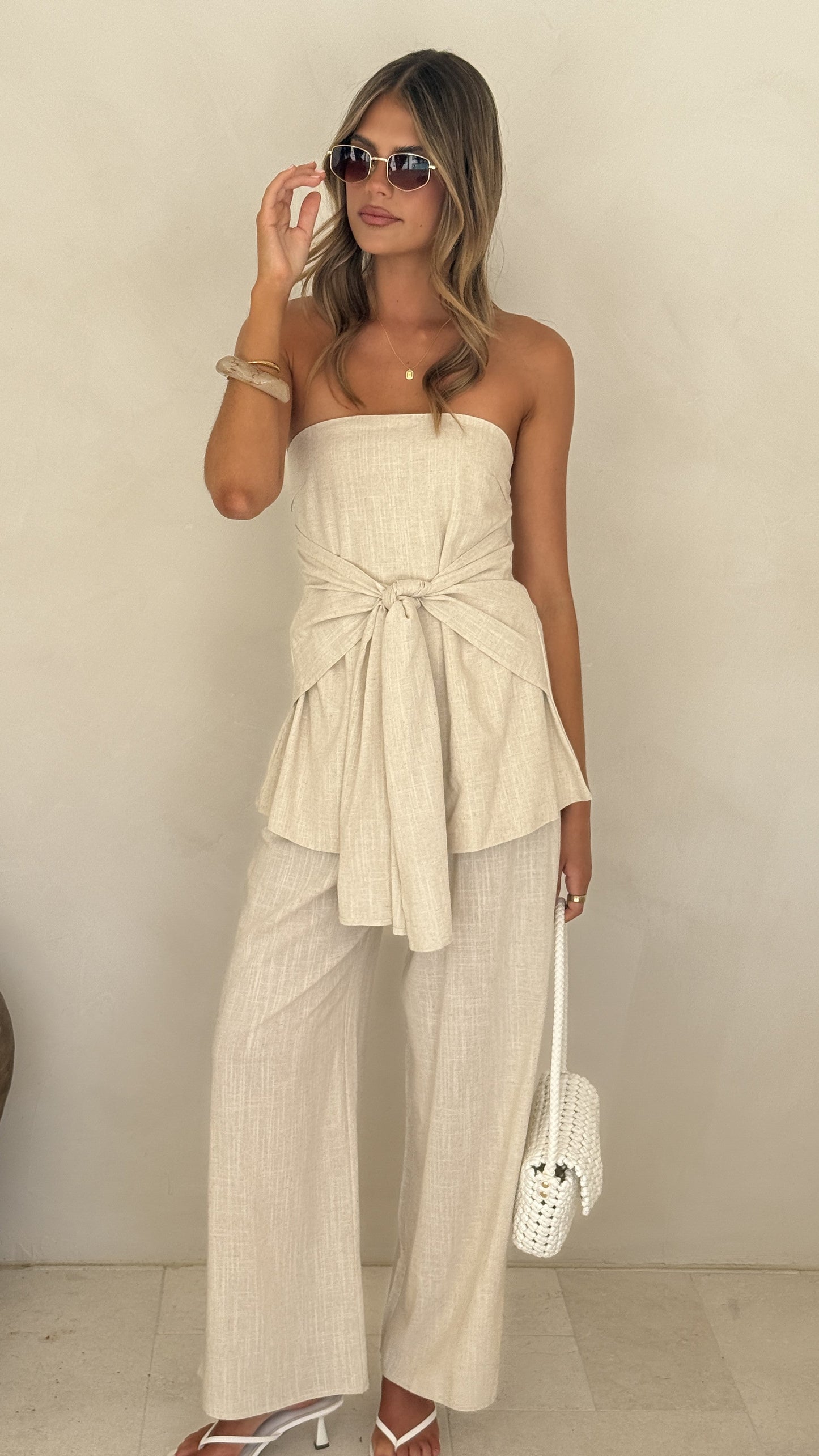 Talia Strapless Top and Pants Set - Oatmeal