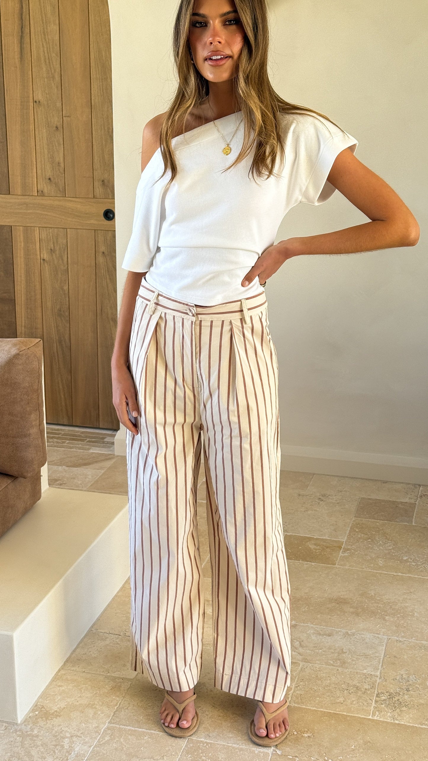 Tasmine Pants - White/Mauve Stripe