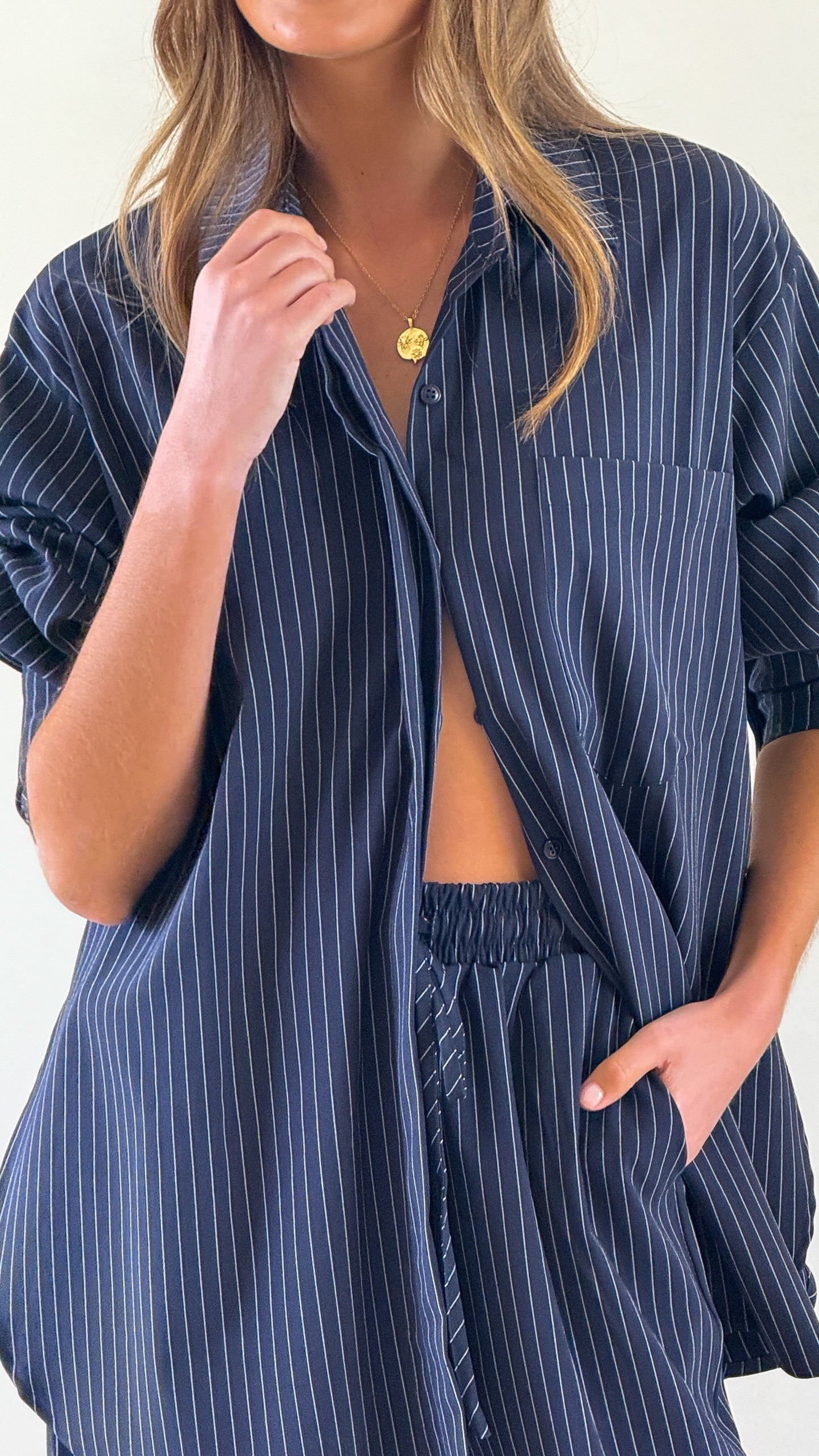 Zaila Long Sleeve Shirt - Navy/White Stripe