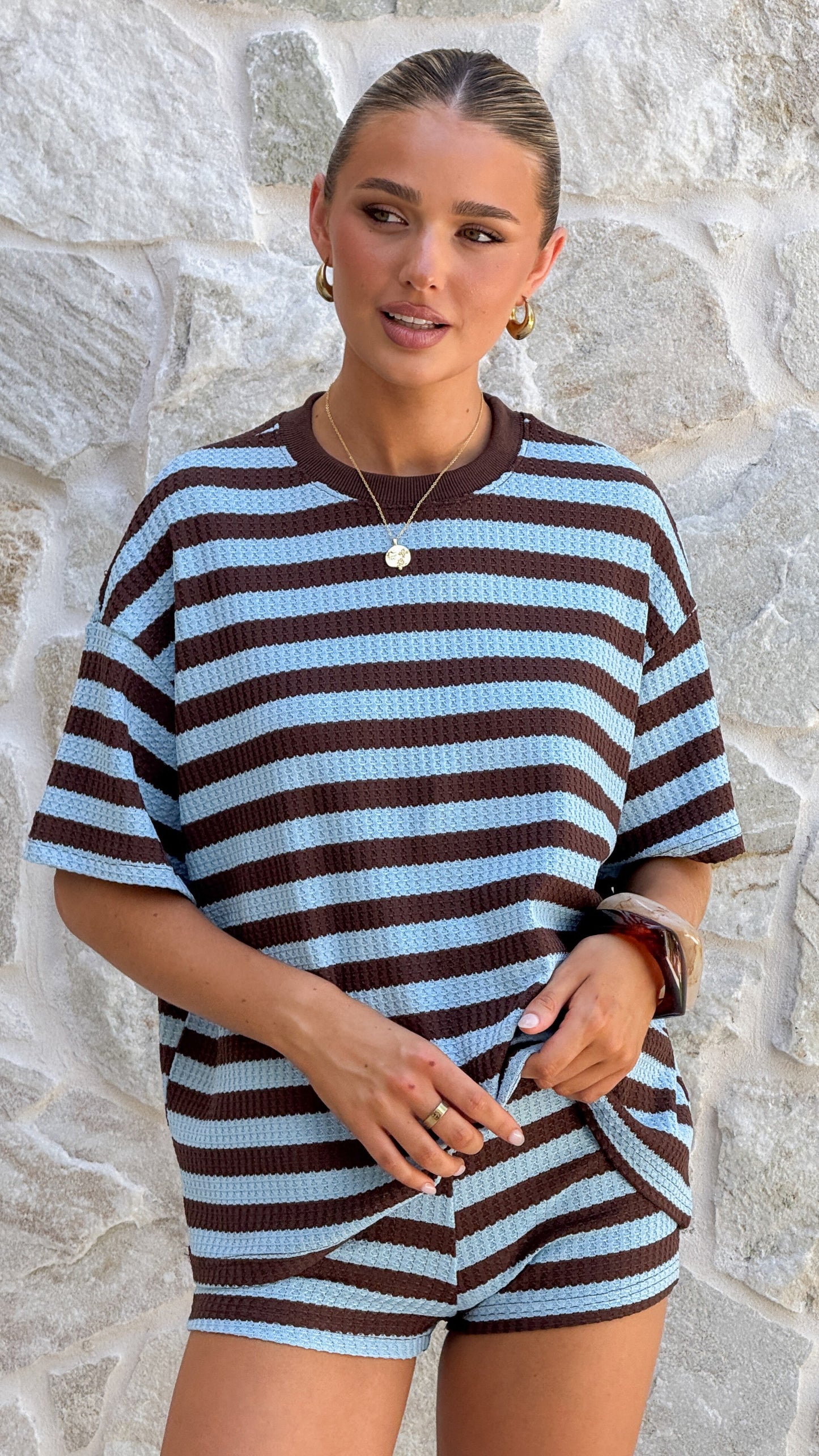 Makenna T-Shirt and Shorts Set - Chocolate/Blue Stripe