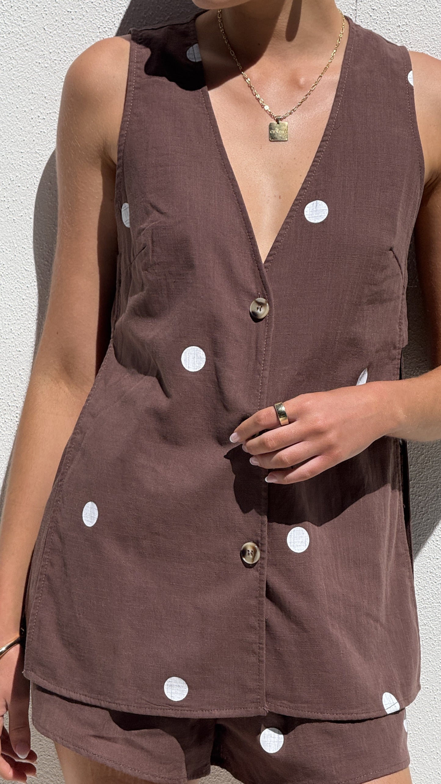 Hayley Vest and Shorts Set - Chocolate / White Polka Dot