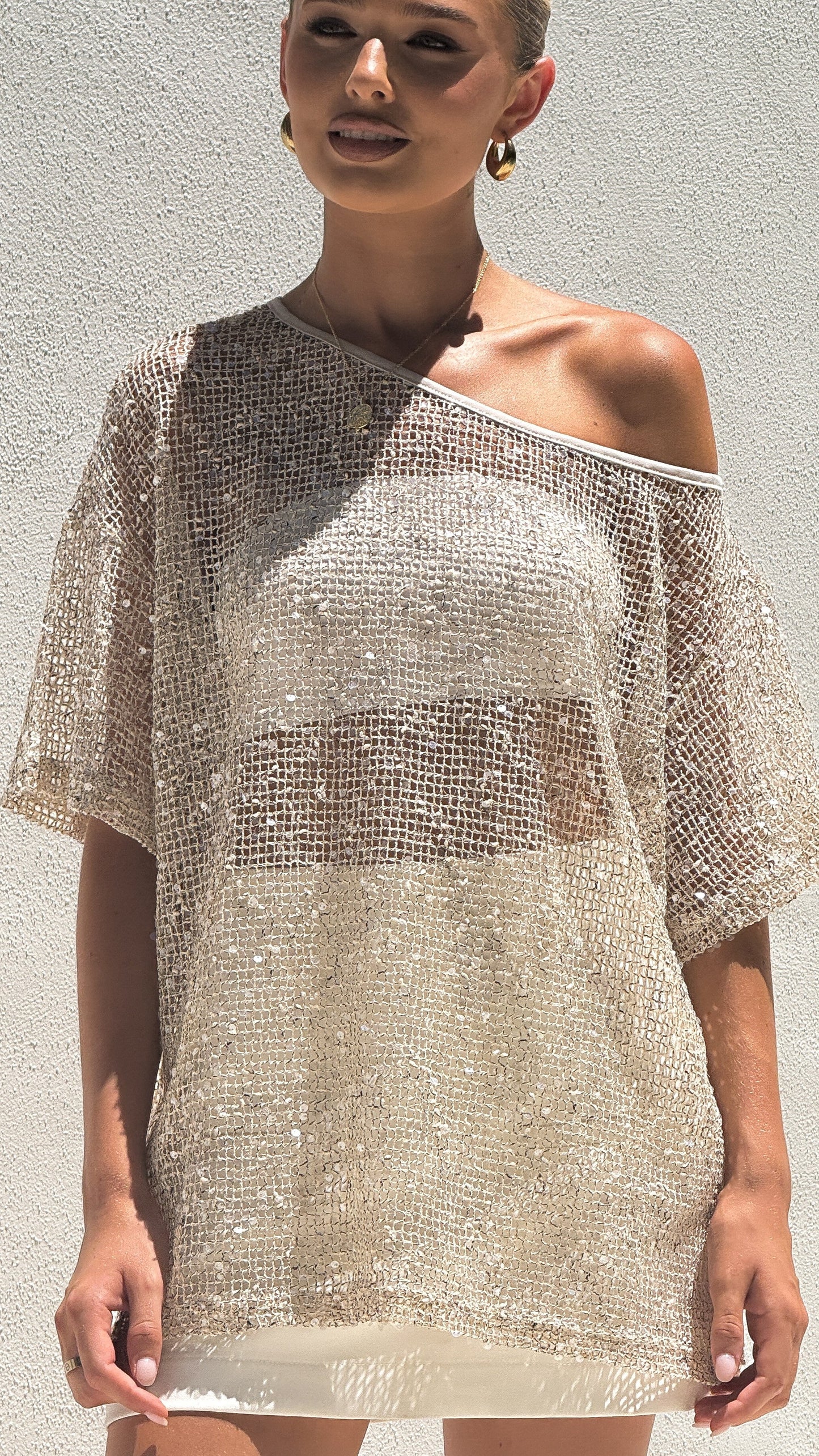 Zinnie Sequins Off Shoulder Top - Beige
