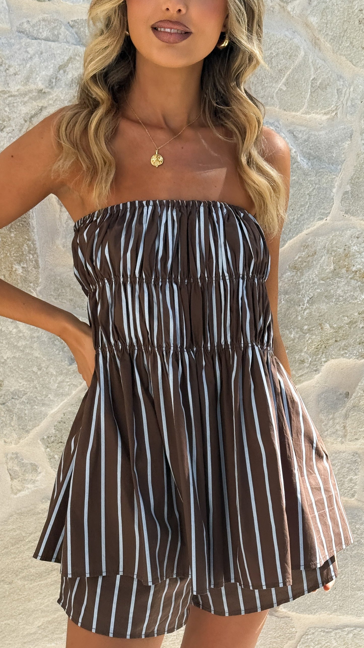 Kamala Strapless Cinch Top and Shorts Set - Chocolate/Blue Stripe