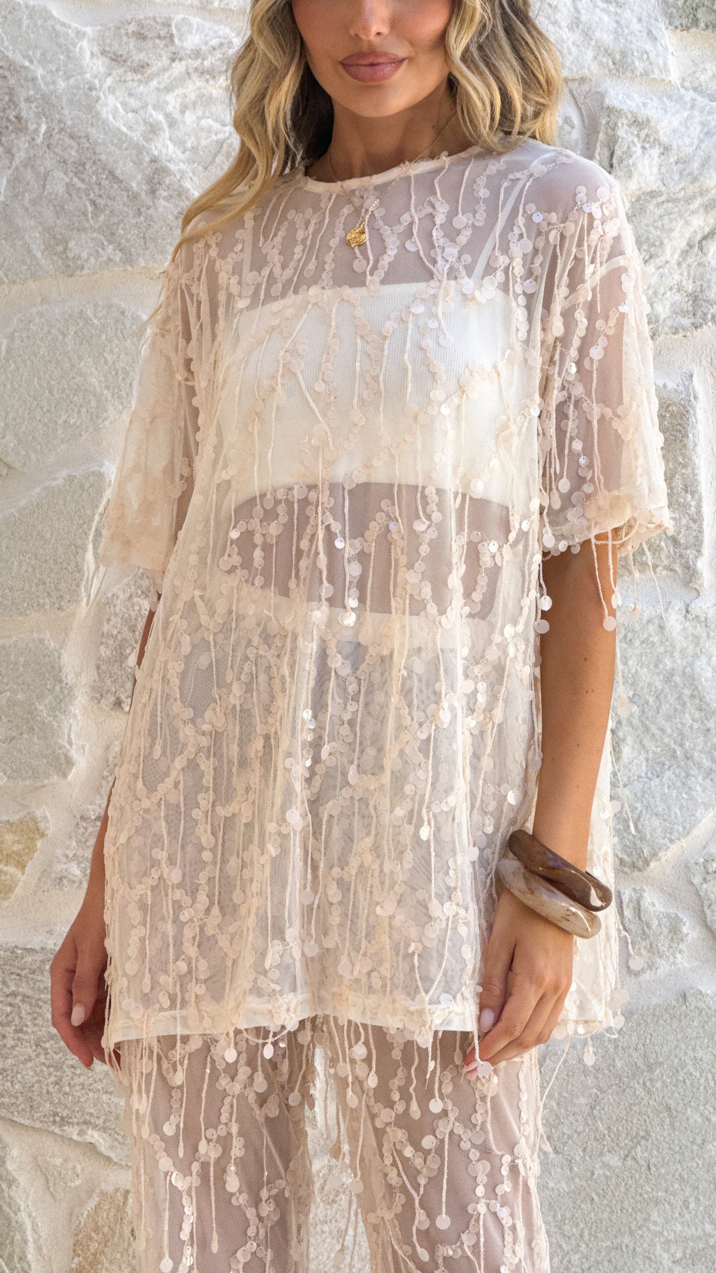 Zabby Sequin Oversized T-Shirt - Beige