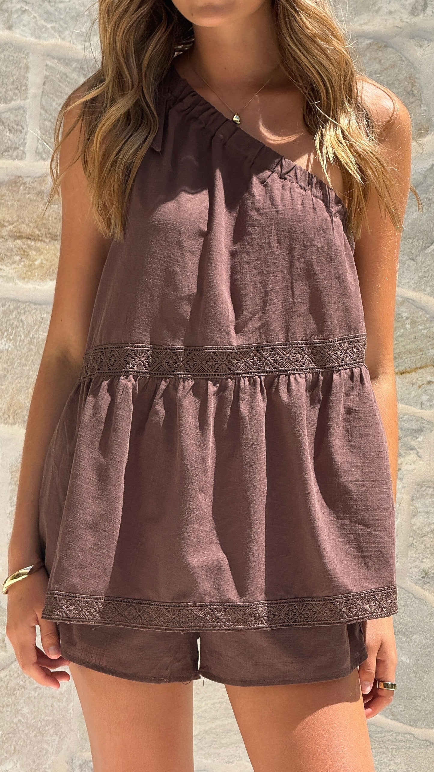 Lebeau One Shoulder Top and Shorts Set - Chocolate
