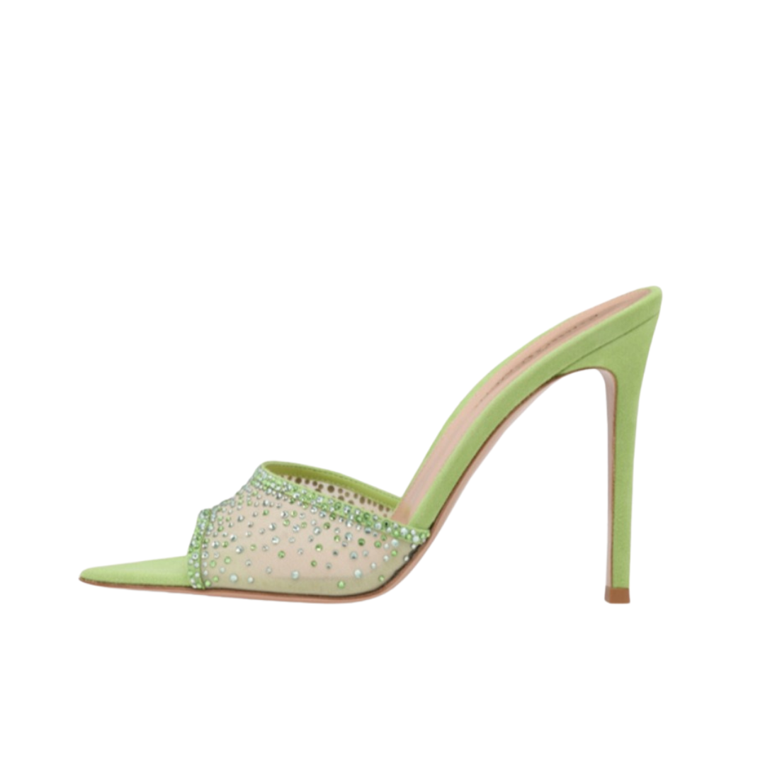 One Line Pointed Fish Mouth Mesh Water Diamond Stiletto Sandals