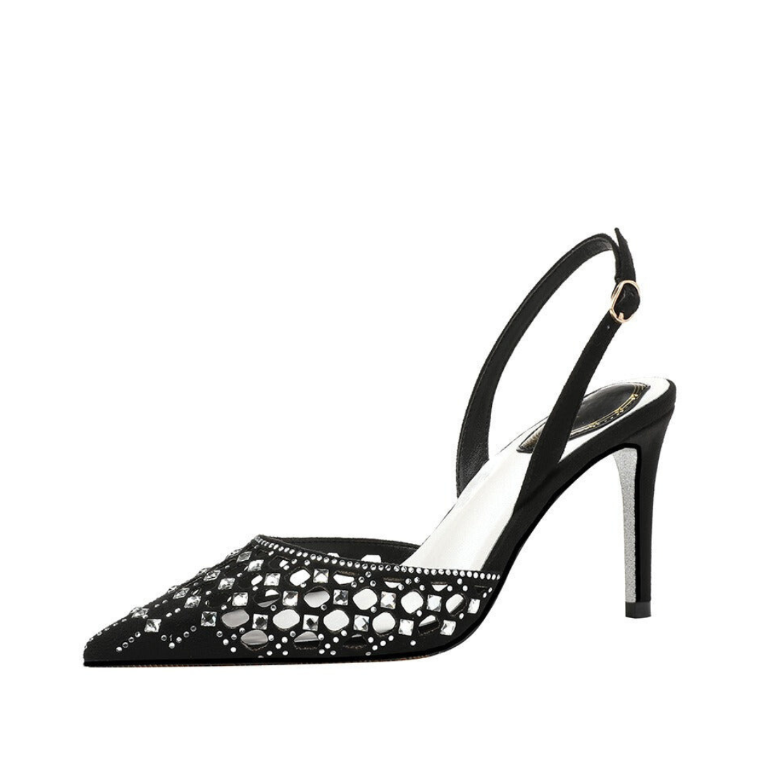 Hollow Pointed Toe Rhinestone Stiletto Strap Sandals