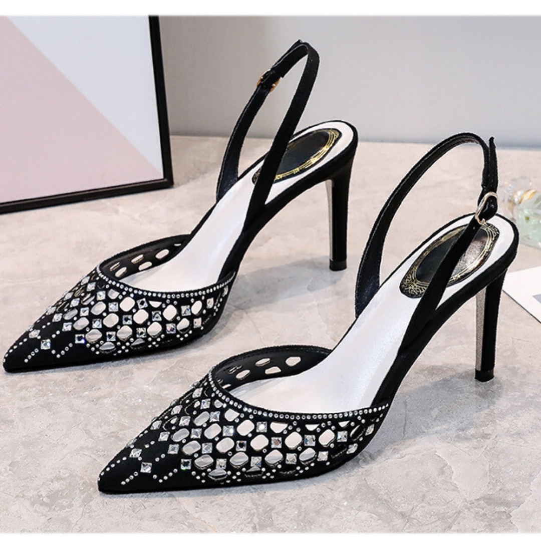 Hollow Pointed Toe Rhinestone Stiletto Strap Sandals