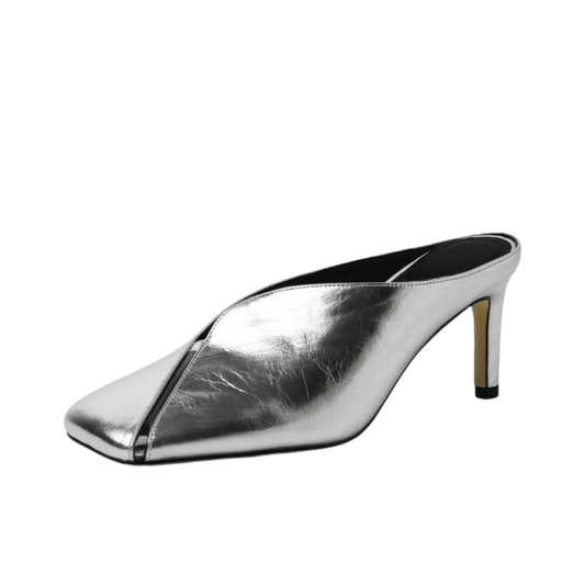 Genuine Leather Square Toe Stiletto Mules