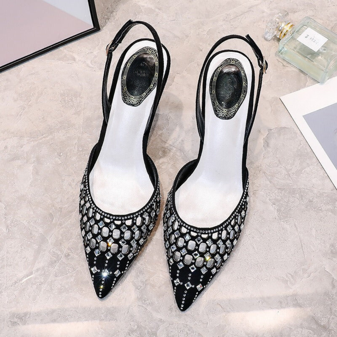 Hollow Pointed Toe Rhinestone Stiletto Strap Sandals