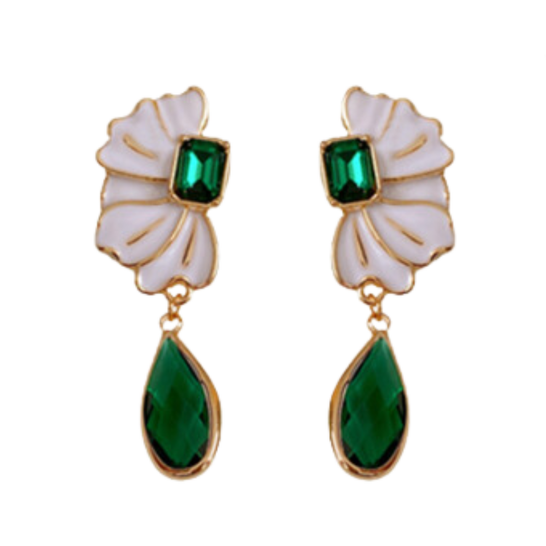 Oil Dripping Flower Emerald Water Drop Earrings