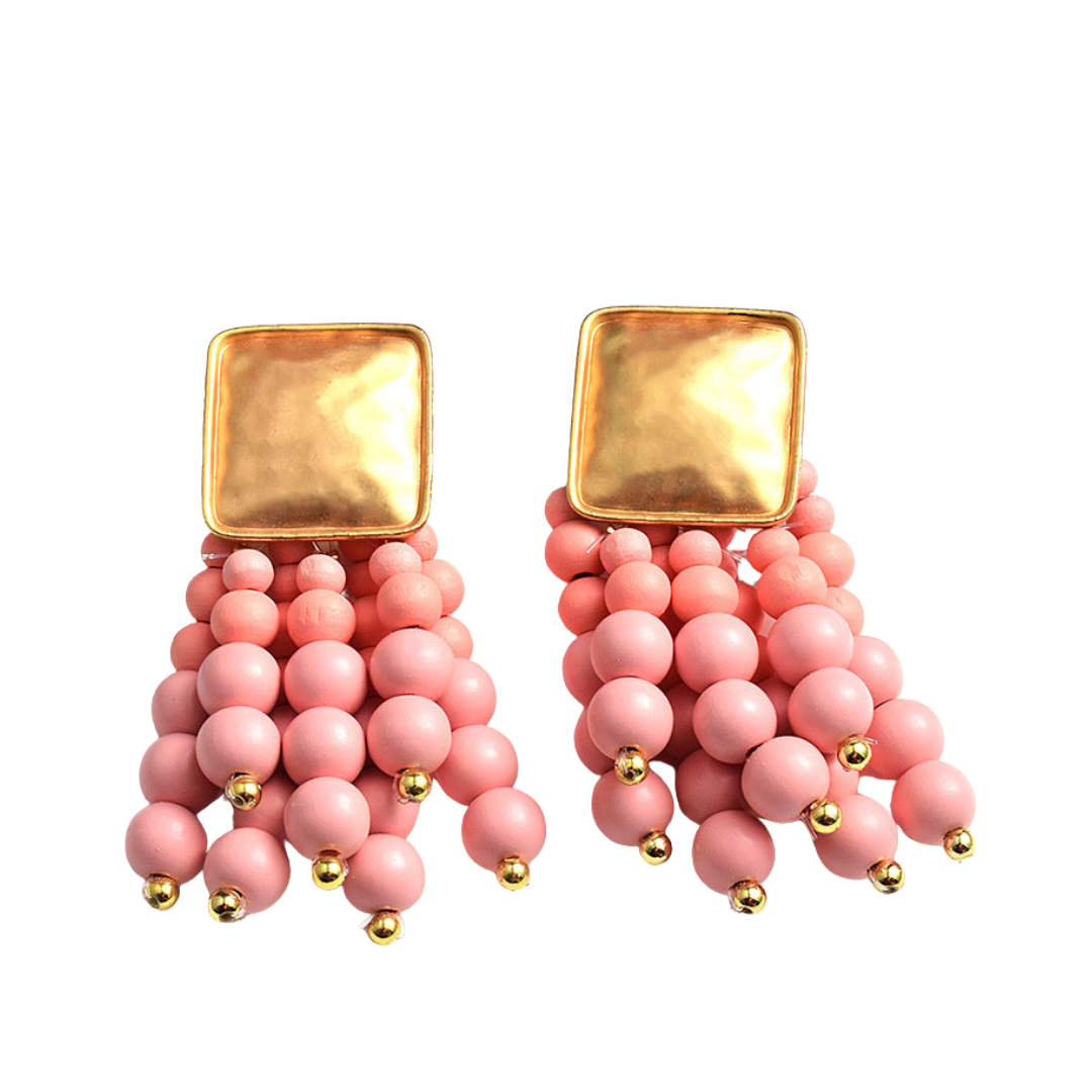 Metal Wood Beads Tassel Earrings