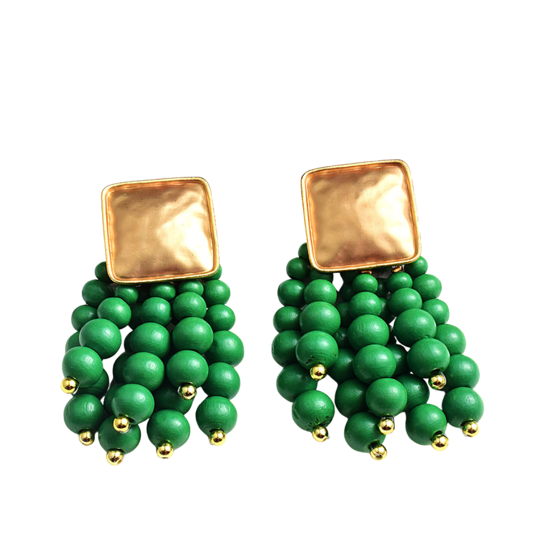 Metal Wood Beads Tassel Earrings
