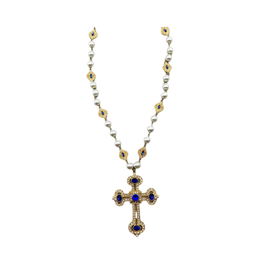 Retro Diamond Inlaid Cross Pendant Pearl Necklace