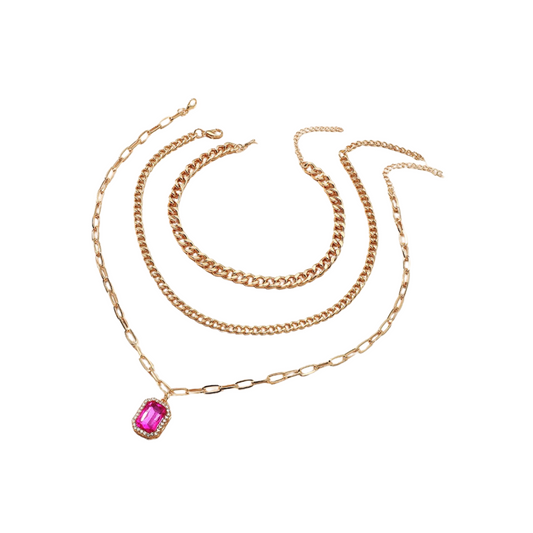 Diamond Inlaid Multi-Layer Square Pendant Three-Piece Necklace Set