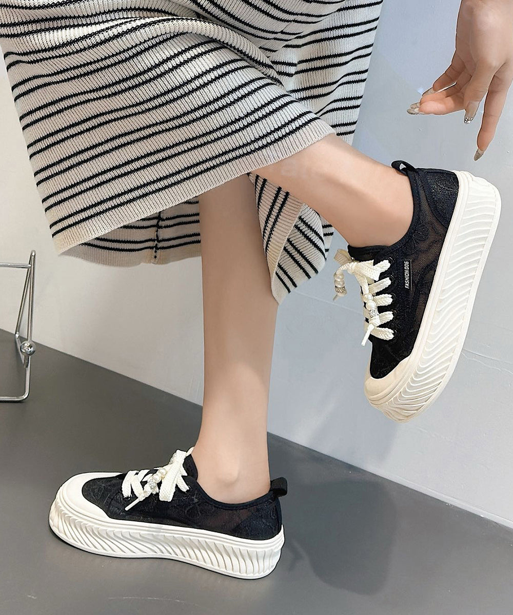Comfy Splicing Platform Flat Shoes For Women Black Breathable Mesh
