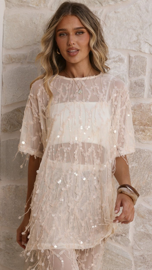 Zabby Sequin Oversized T-Shirt - Beige