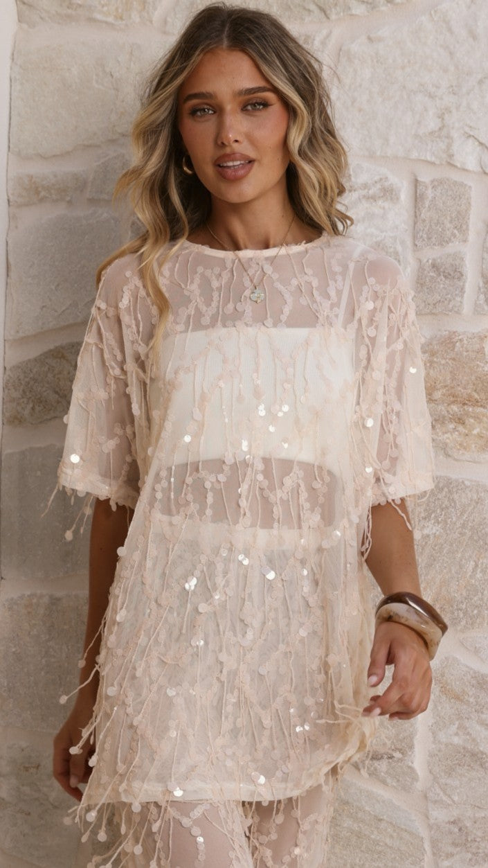 Zabby Sequin Oversized T-Shirt - Beige