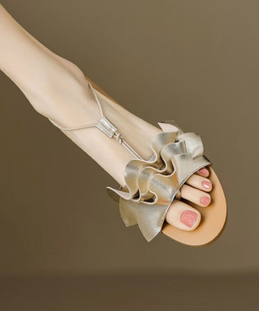 Fashion Gold Flat Sandals Splicing Wrinkled Peep Toe