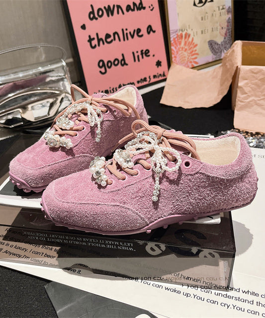 Chic Splicing Flats Purple Suede Lace Up Pearl Zircon