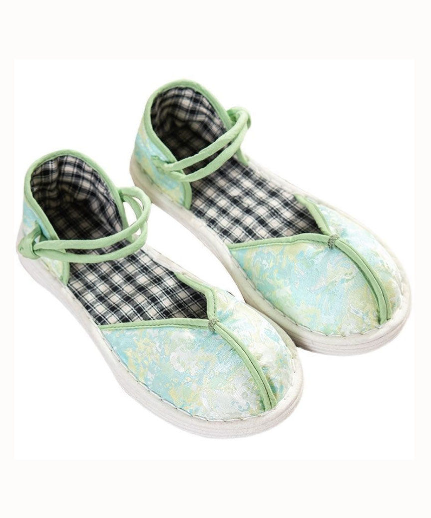 Green Flat Shoes For Women Cotton Fabric Splicing Buckle Strap Embroidery