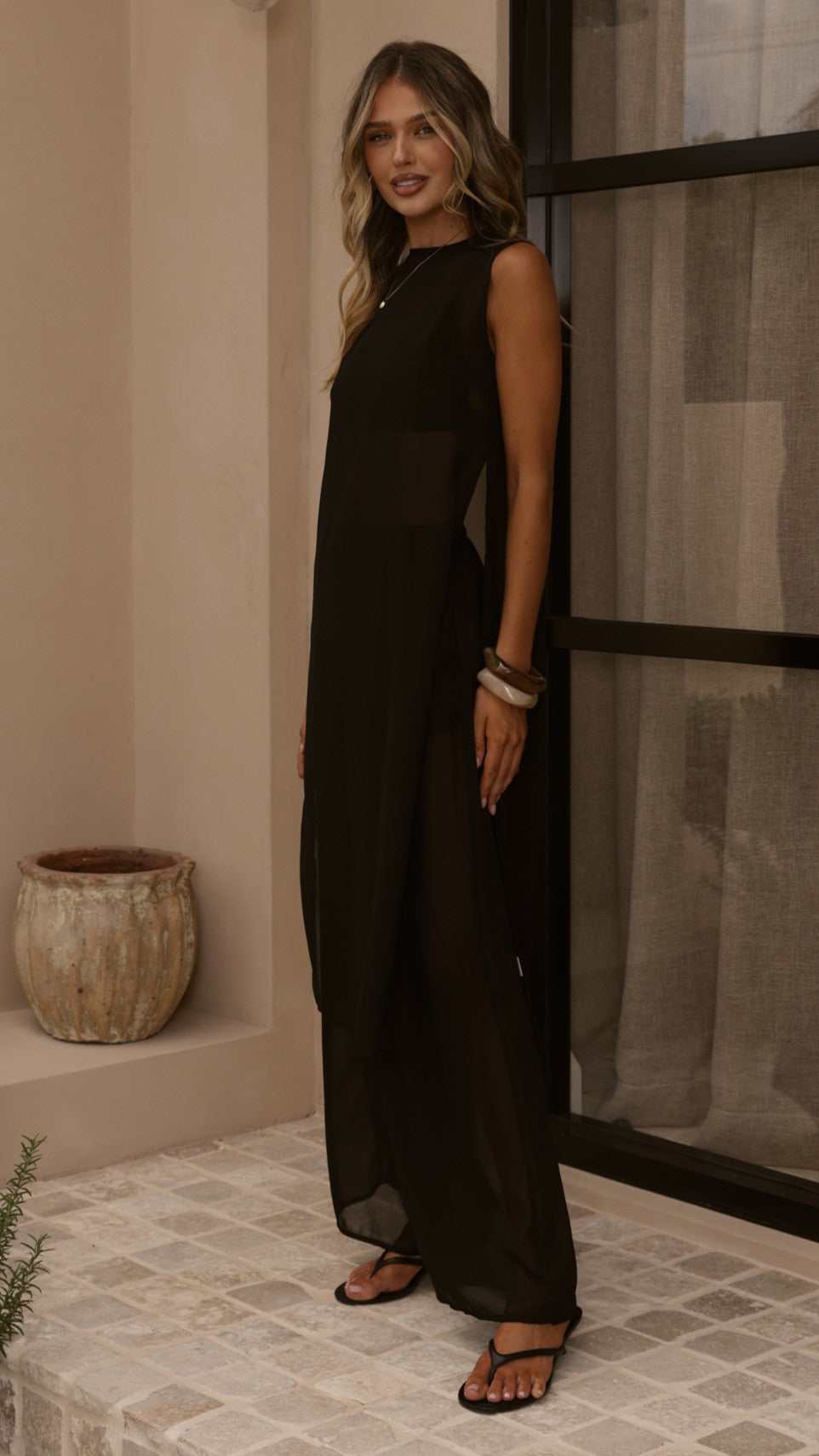 Zaire Long Line Sheer Top and Pants Set - Black