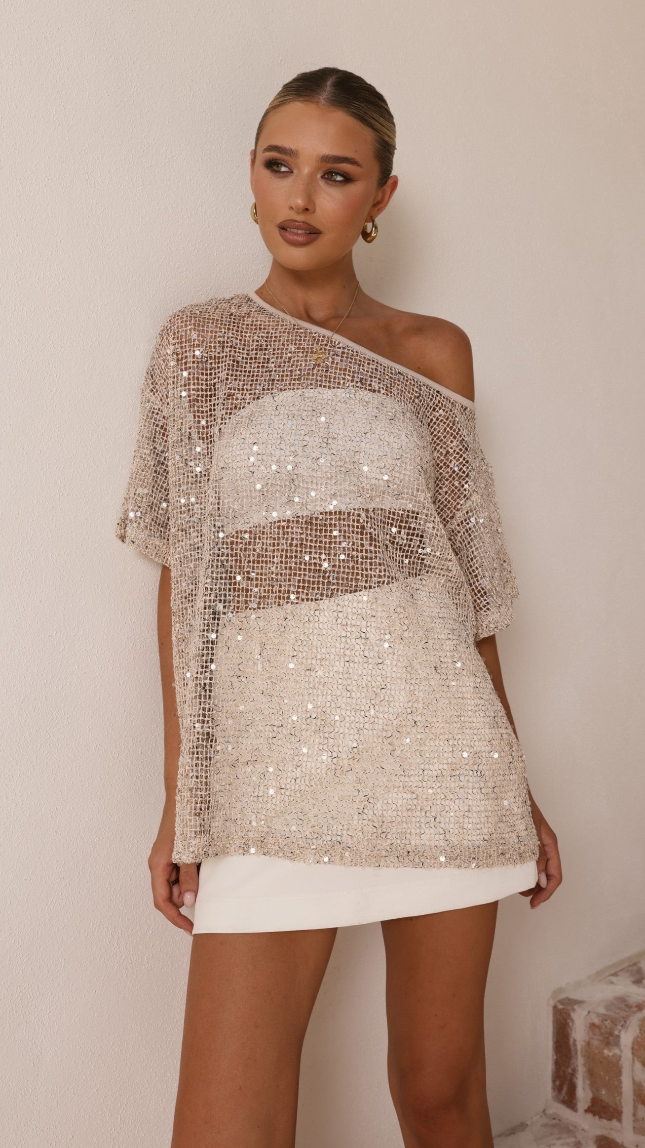 Zinnie Sequins Off Shoulder Top - Beige
