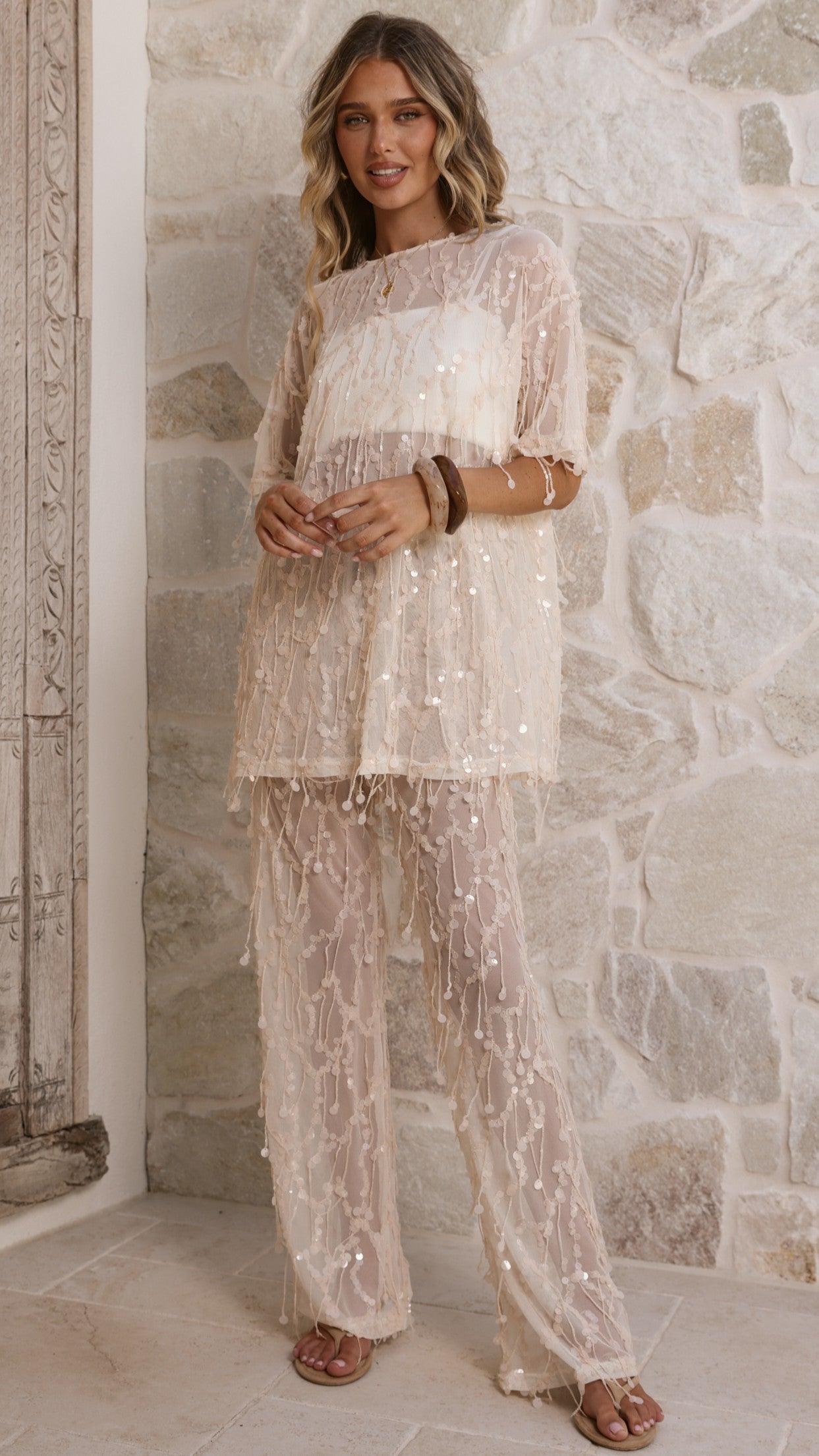 Zabby Sequin Oversized T-Shirt - Beige