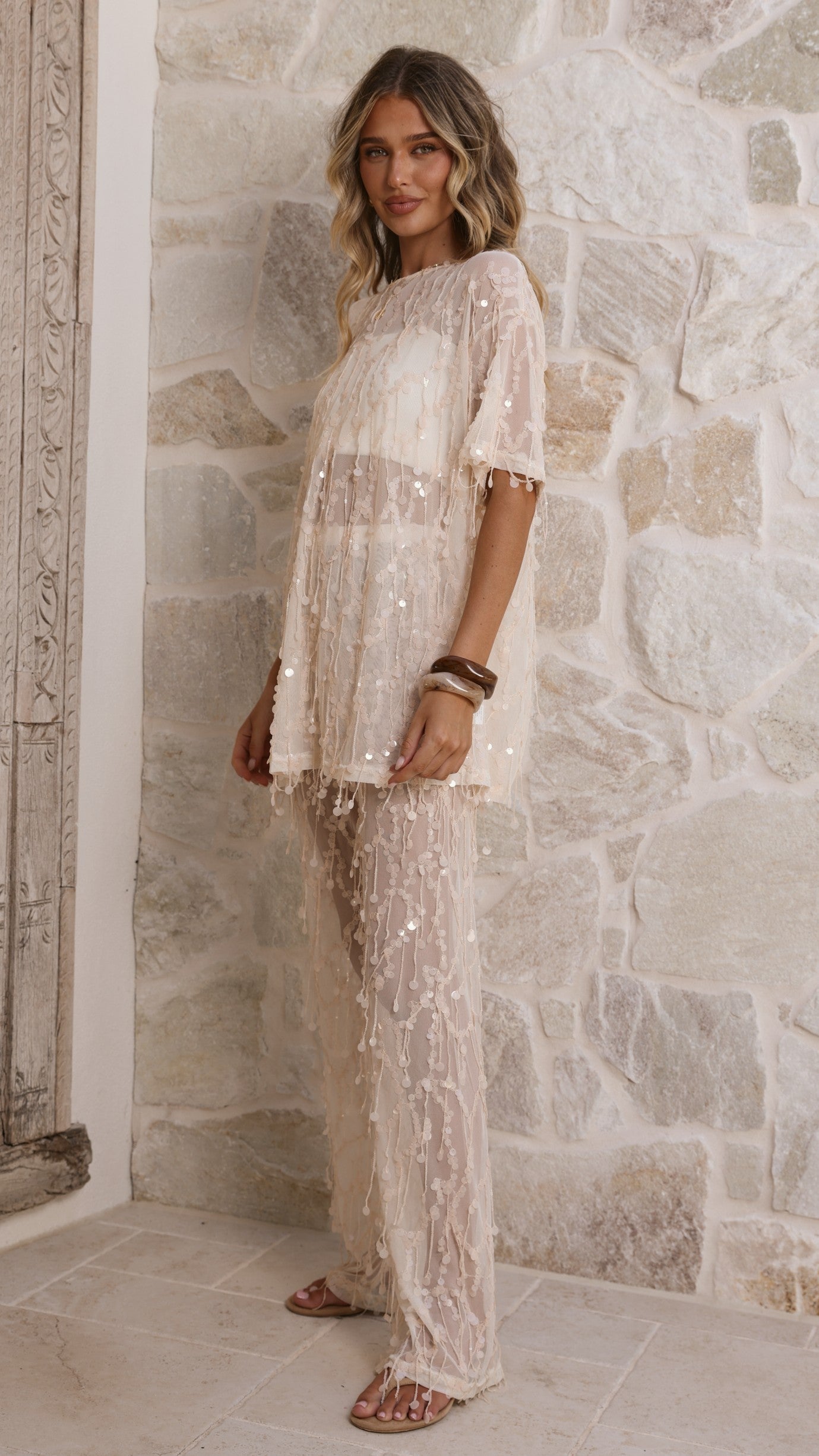 Zabby Sequin Oversized T-Shirt - Beige
