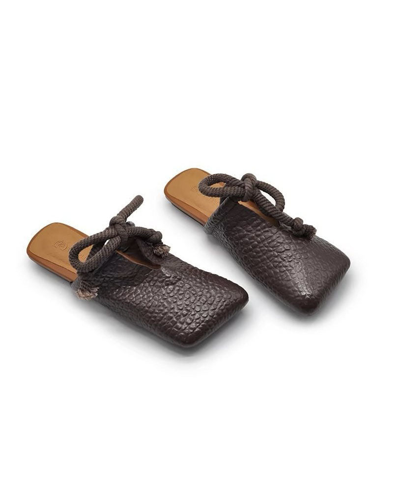 Boho Splicing Brown Faux Leather Slide Sandals Lace Up