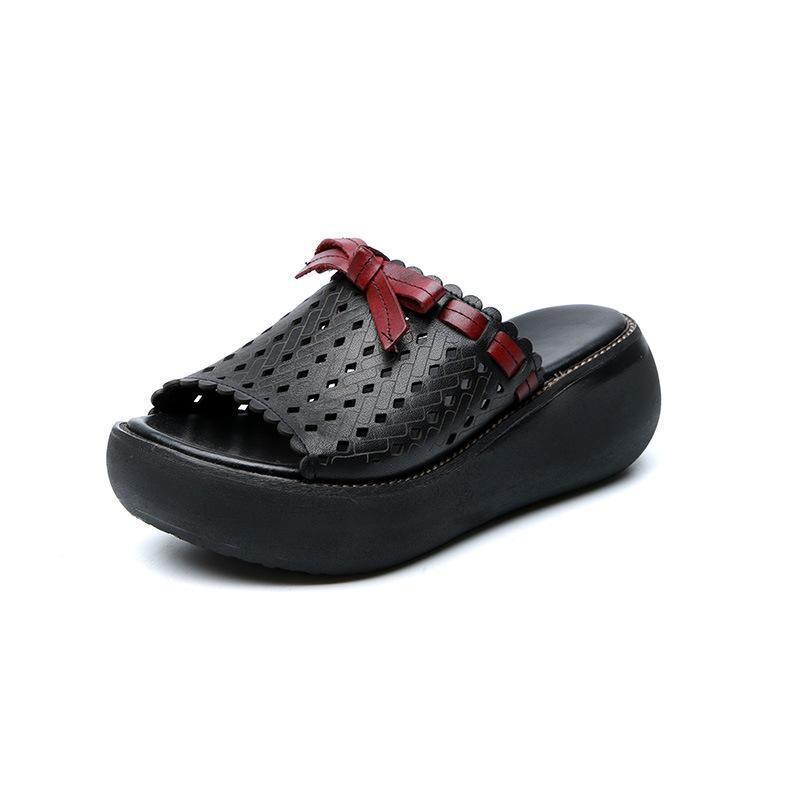Leather Vintage Hollow Out Wedge Women Casual Slippers