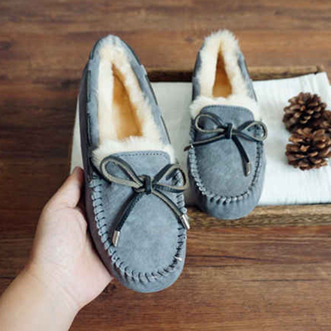 Cozy Slip On Bow-Knot Thick Wool Pea Lazy Winter Shoes