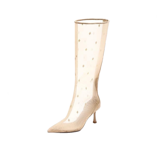 Mesh Knee-High Thin Heels Pointed Toe Boots