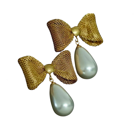 Vintage Water Drop Pearl Bow Earrings