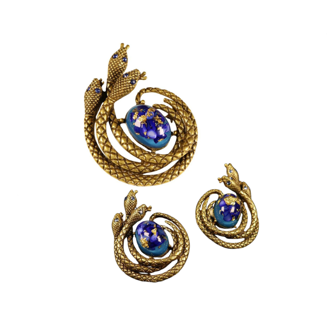 Vintage Snake and Flower Brooch + Earrings