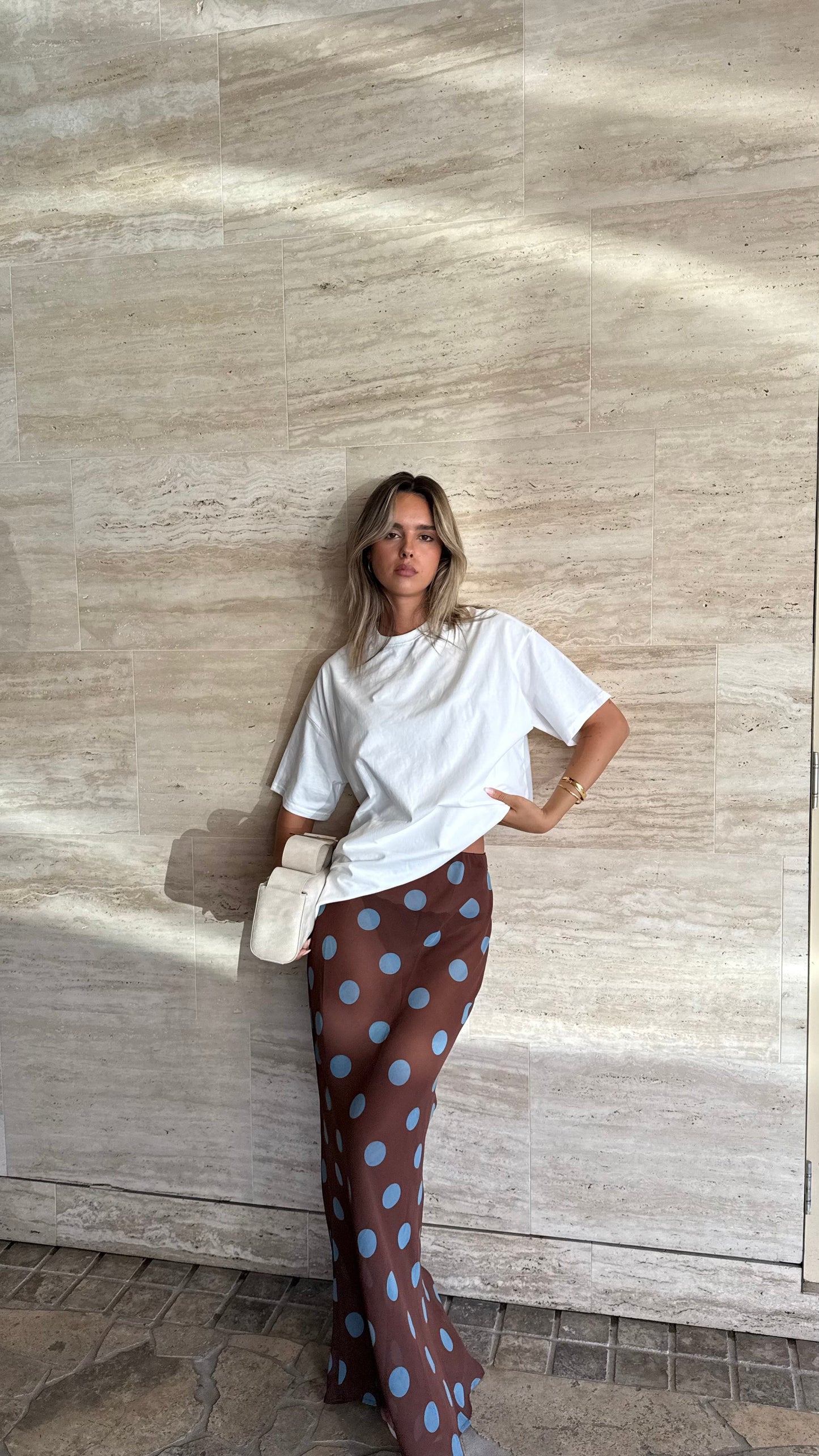 Yumi Oversized Tee and  Sheer Skirt Set - White/Brown/Blue Polka